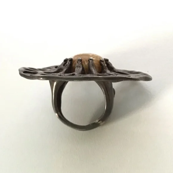 Vintage mid Century Modern Brutalist Fossil Stone Ring - Picture 6 of 14